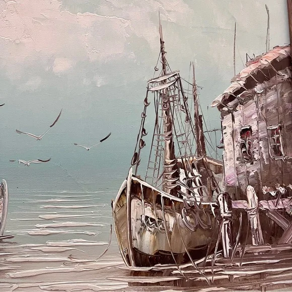 Florence Wilkins Oil Painting, Fishing Boat, Wood Frame, 32”x44”, Mid Century‎